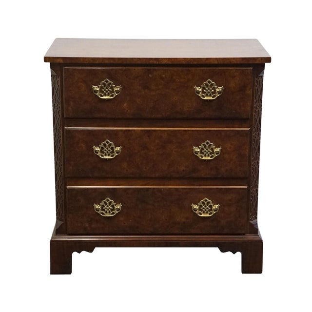 Chippendale Baker Furniture Solid Burled Walnut Traditional Chippendale Style 30" Three Drawer Nightstand For Sale - Image 3 of 12