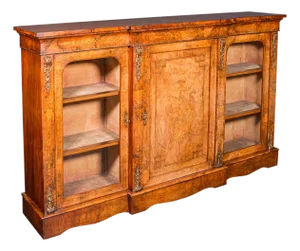 Antique Display Bookcase, English, Walnut, Breakfront Library Cabinet, Regency