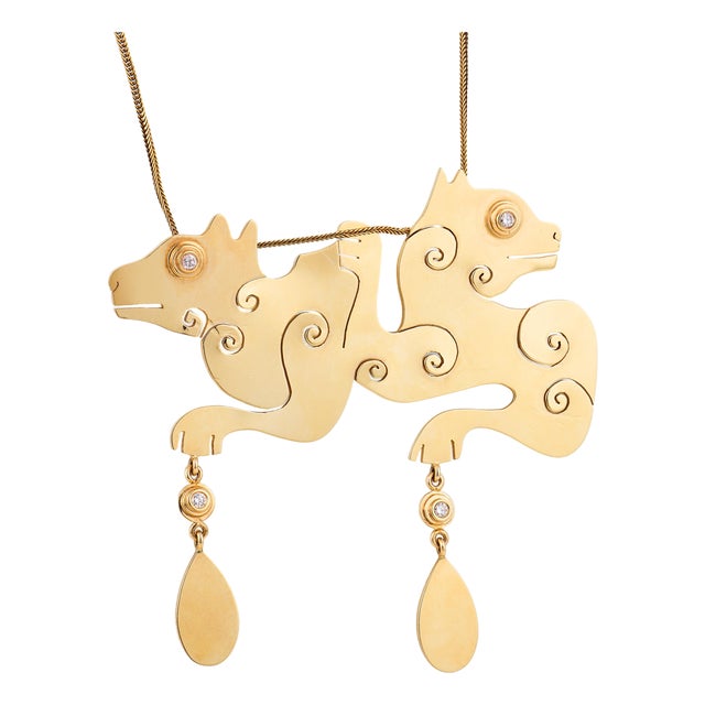 Vintage Diamond 14k Yellow Gold Double Dragon Pendant Necklace For Sale