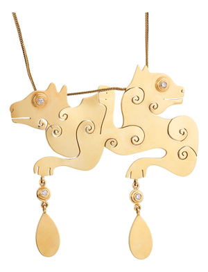 Vintage Diamond 14k Yellow Gold Double Dragon Pendant Necklace