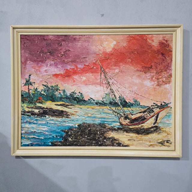 A very nice oil on canvas of a stranded boat in the caribean, signed Angelo 1961, in original frame and in very good...