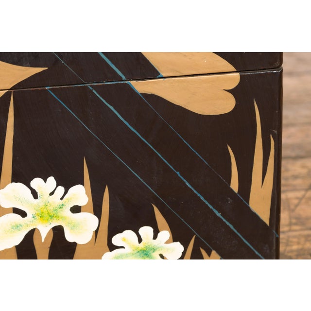 Japanese Late Meiji Period Black Lacquer Blanket Chest with Golden Painted Décor For Sale - Image 11 of 13
