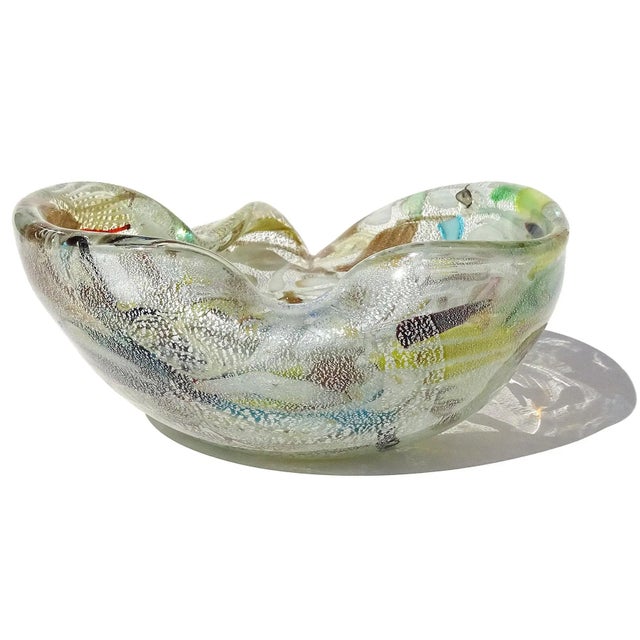 Vintage Murano Silver Leaf Confetti Cut Canes Ribbons Italian Art Glass Decorative Heart Shape Bowl For Sale - Image 10 of 13