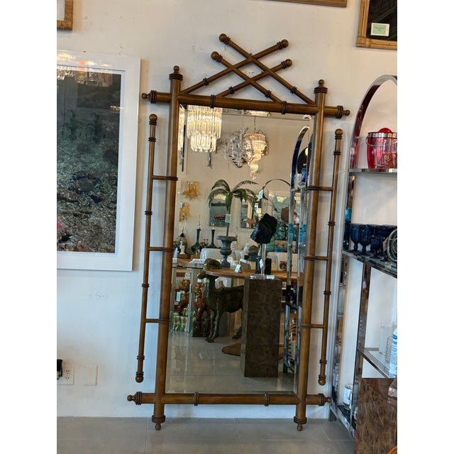 Vintage Faux Bamboo Wood British Colonial Wall Floor Full Length Mirror For Sale - Image 11 of 12