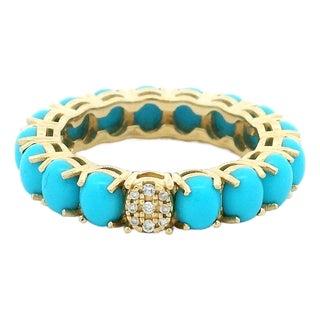14k Gold Persian Turquoise Eternity Band With Diamond Accent, Size 7.5 For Sale
