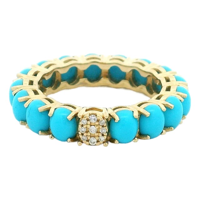 14k Gold Persian Turquoise Eternity Band With Diamond Accent, Size 7.5 For Sale