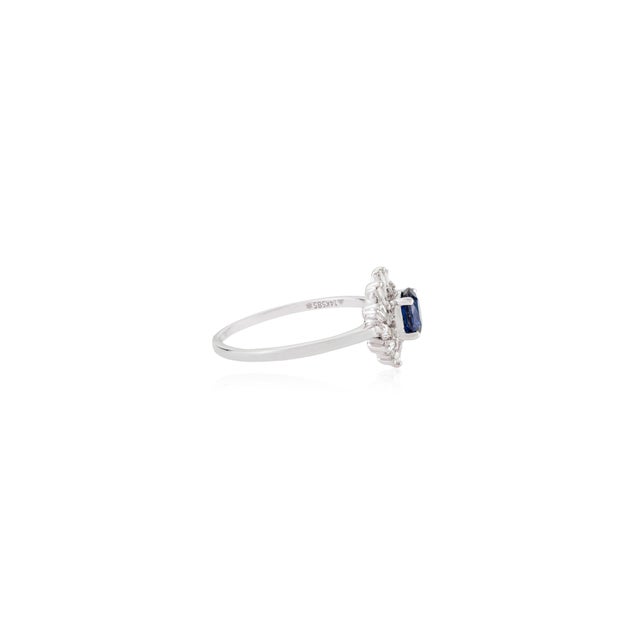 Metal Art Deco Style Blue Sapphire & Baguette Diamond Halo Cluster Ring 14k Gold Size 5.5 For Sale - Image 7 of 17