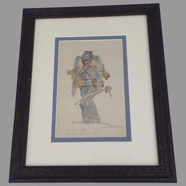 Navy Blue Early 20th Century Portrait of a French Soldier Watercolor Painting, Framed For Sale - Image 8 of 8