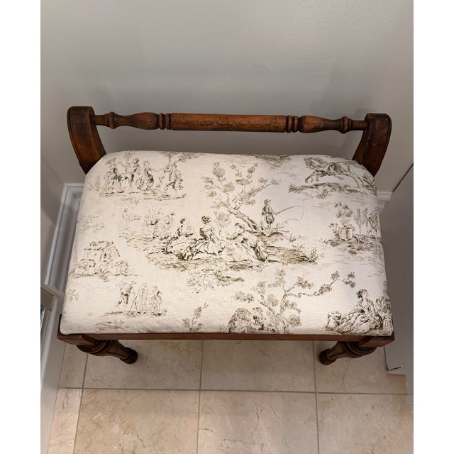 Wood Vintage 1930s American Walnut Upholstered Entryway Bench With French Toile Linen Seat For Sale - Image 7 of 7