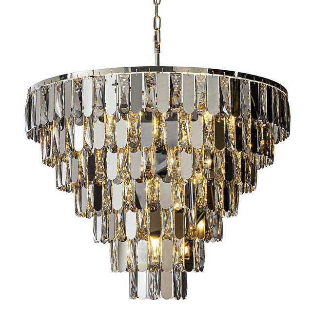 Aloadecor 12-Light Dimmable 7-Tier Smoked Crystal Chandelier Large Modern Luxury Pendant Light With Polished Nickel Finish and Stainless Steel Accents For Sale - Image 9 of 9