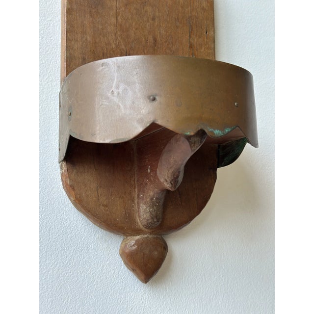 Wood Antique Hand-Carved Wall Shelf With Scalloped Copper Skirt Detail, Circa Early 20th Century For Sale - Image 7 of 13