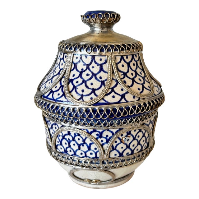 Vintage Moroccan Fez Pottery Lidded Jobbana Jar With Silver Filigree Circa 1980 For Sale