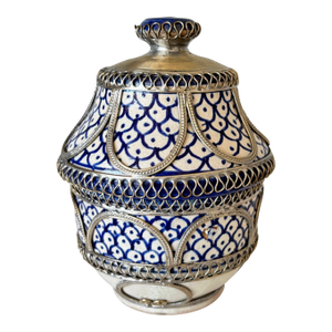 Vintage Moroccan Fez Pottery Lidded Jobbana Jar With Silver Filigree Circa 1980