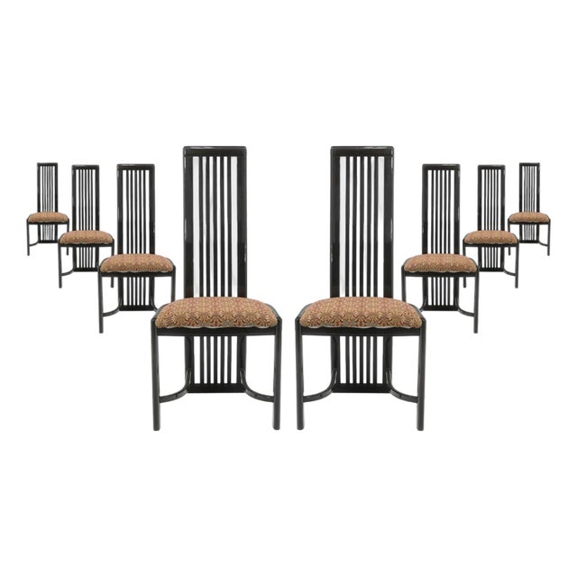 Set of 8 Liberty Postmodern Black Lacquered High Dining Chairs With Knoll Fabric For Sale