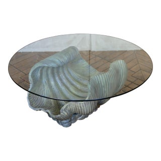 Vintage Italian Carved Wood Shell-Form Coffee Table With Glass Top, 1970s For Sale