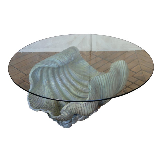Vintage Italian Carved Wood Shell-Form Coffee Table With Glass Top, 1970s For Sale