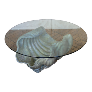 Vintage Italian Carved Wood Shell-Form Coffee Table With Glass Top, 1970s