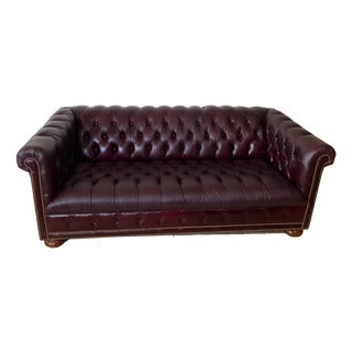 1990s Chesterfield Sofa Schafer Brothers Fine Leather Rolled Arms Tufted Seat Bordeaux For Sale