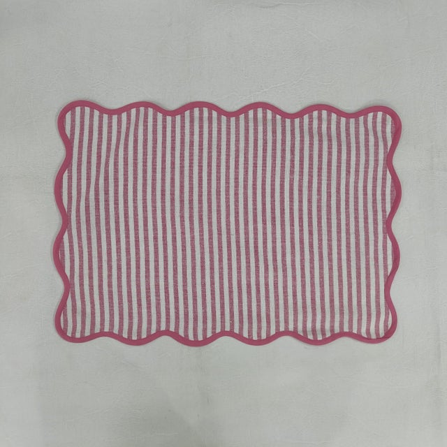 Handmade Scalloped Rectangular Placemats, Pink and White Striped with Pink Piping - Set of 4 For Sale - Image 4 of 5