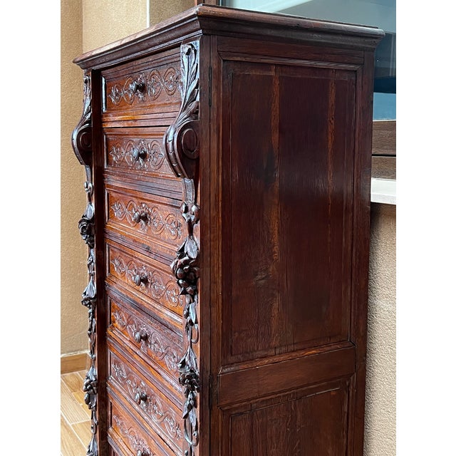 Late 19th Walnut Nine Drawer Tall French Carved Chest or Siffonier For Sale - Image 6 of 12