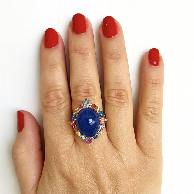 Baroque Bochic “Capri” Vintage Blue Sapphire & Multi Sapphire Ring Set In 18K Gold & Sil For Sale - Image 3 of 11