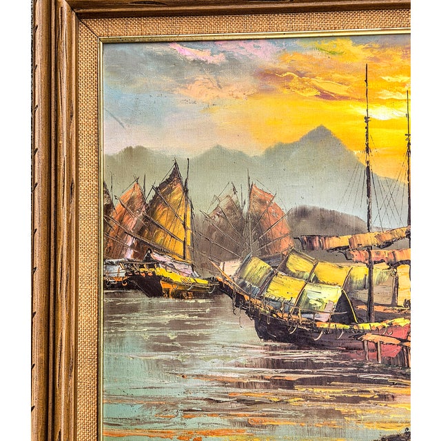 Oil Painting of Chinese Ships at Sunset For Sale - Image 4 of 8