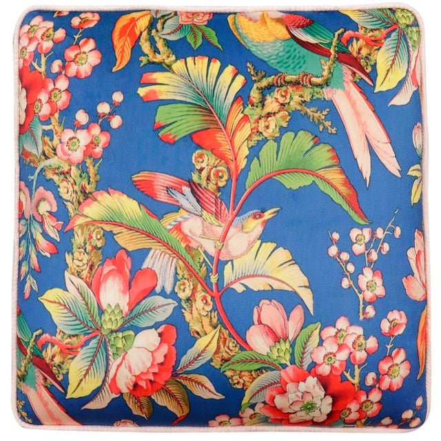 Shabby Chic Edwardian Parrot Velvet Upholstered Ottoman For Sale - Image 4 of 9