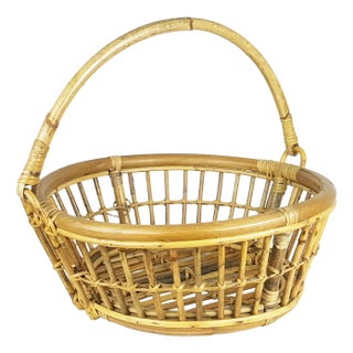 Mid-Century Italian Rattan & Rush Basket or Magazine Rack For Sale