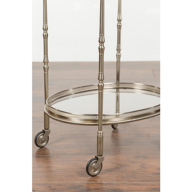 Italian Oval Midcentury Steel Trolley with Pierced Gallery and Mirrored Shelves For Sale - Image 12 of 12