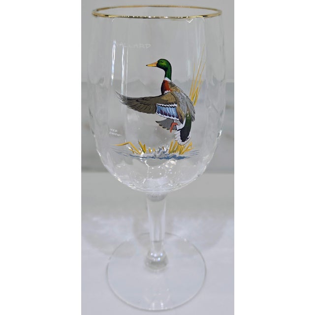Vintage Ned Smith Waterfowl Series 22k Gold Rim Crinkle Wine Glasses Set of 6 For Sale - Image 12 of 14