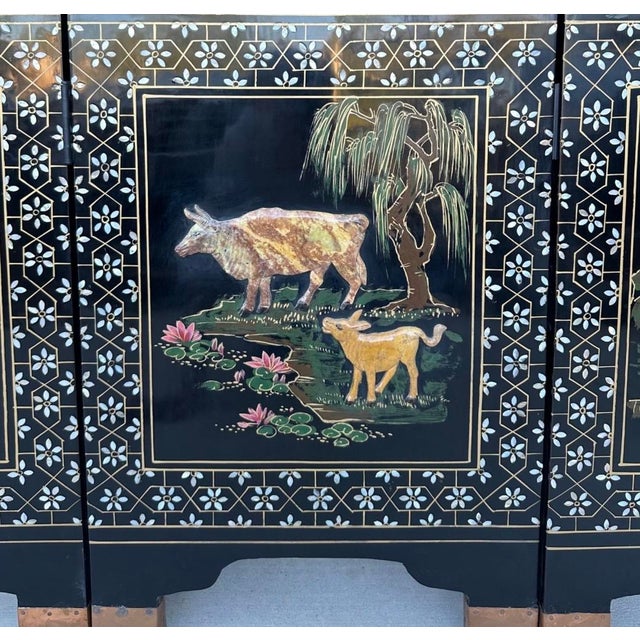 Rare Large 6 Panel Chinese Wild Horses Abalone & Hardstone Inlaid Folding Screen Rare For Sale - Image 9 of 18
