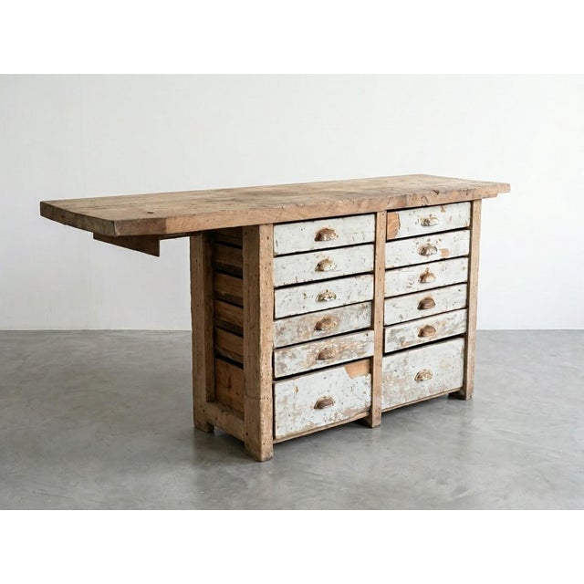 Antique Carpenters Workbench in Beech, Oak and Fir, 1880s, in Very Good conditions. Designed before 1890 This piece has an...