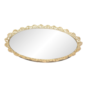 Vintage Hollywood Regency Gilt Brass Oval Vanity Display Dresser Mirror Tray