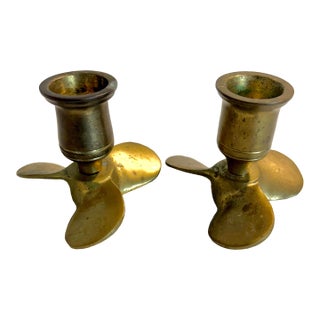 MCM Andrea by Sadek Solid Brass Nautical Propeller Candlesticks- A Pair For Sale