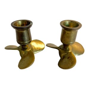MCM Andrea by Sadek Solid Brass Nautical Propeller Candlesticks- A Pair