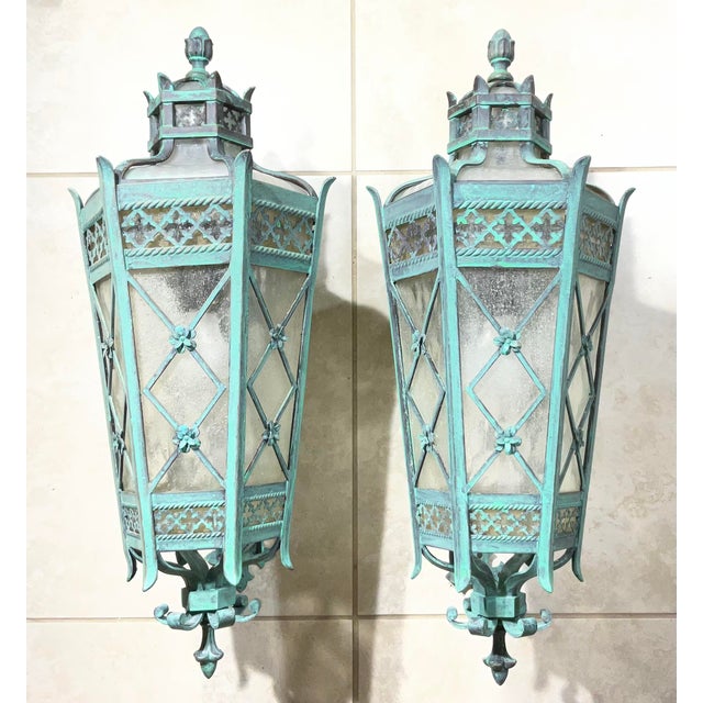 Large Pair of Handcrafted Wall-Mounted Solid Brass Lanterns / Sconces For Sale - Image 13 of 18