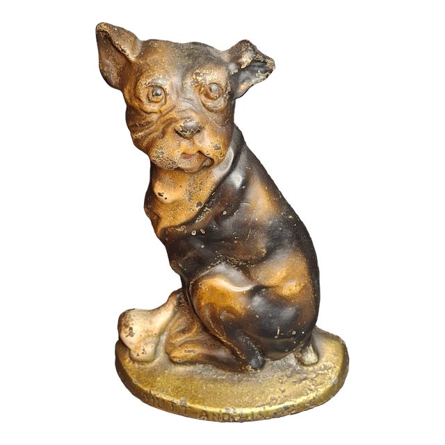 Antique Cast Iron Mutt and His Bone Dog Doorstop 1930s Original Paint Greenblatt For Sale