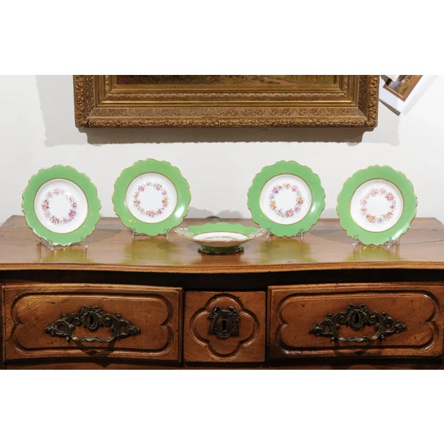 English Antique Ridgway Porcelain Compote with Green Rim & Floral Décor For Sale - Image 3 of 9