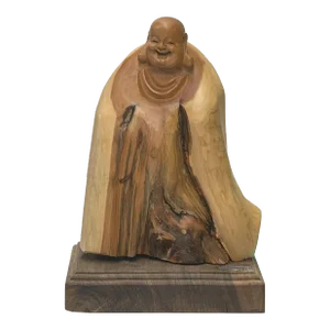 8.5" Chinese Cypress Wood Carved Irregular Shape Happy Buddha Statue