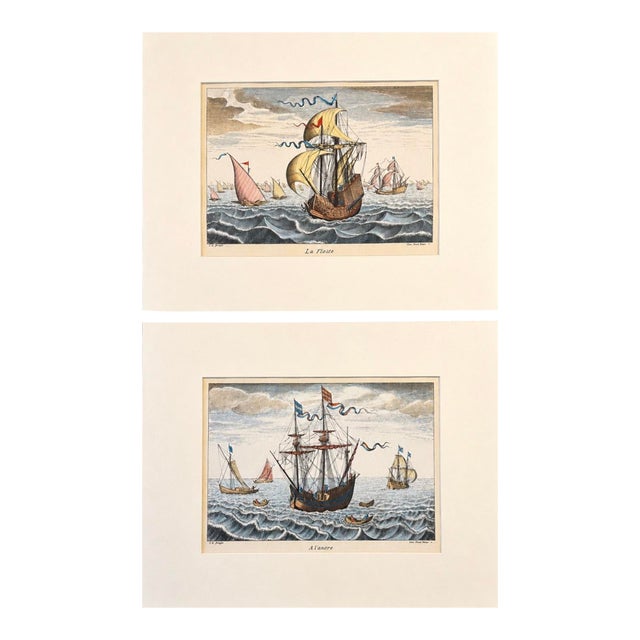 1970s Set of 2 Nautical Ship Engravings – La Flotte & a l'Ancre by f.h. Bruegel | Hand-Colored Maritime Prints 16x20 For Sale