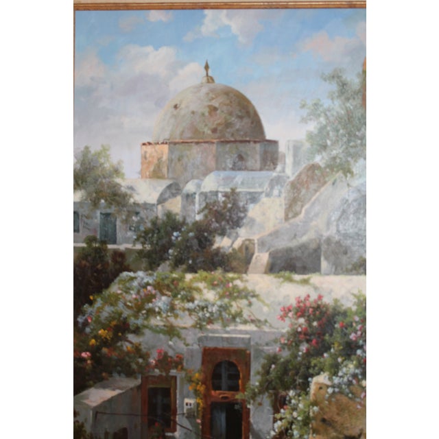 Sky Blue Late 20th Century Large Mediterranean Village Landscape — Oil on Canvas, 48” × 60” For Sale - Image 8 of 11