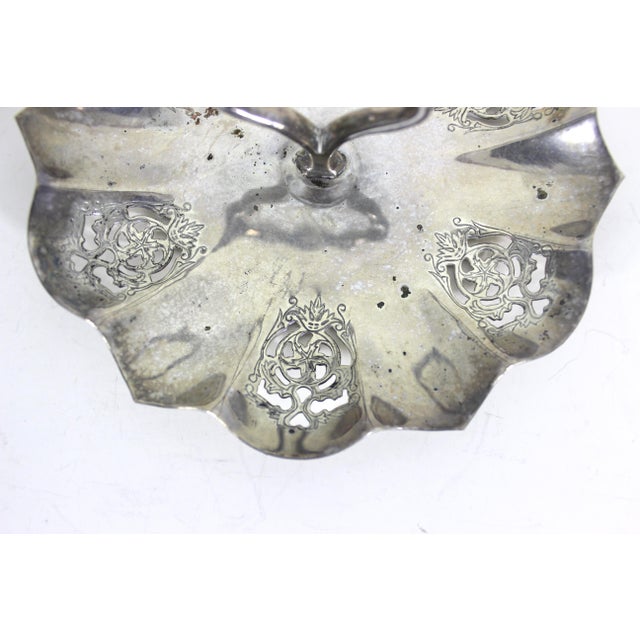 Metal Vintage Small Silver Bonbon Dish With Handle Ruffled Edge Tray, Round Silver Plated Dish With Pierced Cutout Details Patina Trinket For Sale - Image 7 of 9