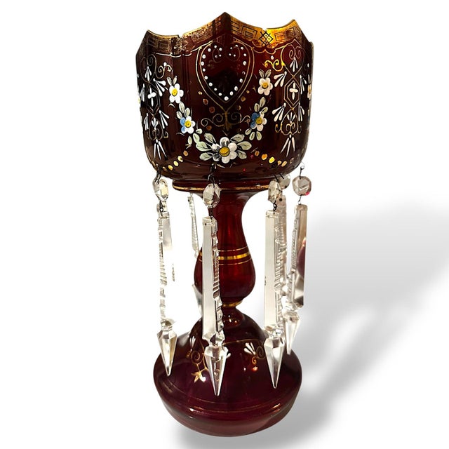 Ruby Red Pair of Victorian Bohemian Ruby Glass Mantel Lusters With Original Prisms, C. 1880 For Sale - Image 8 of 14