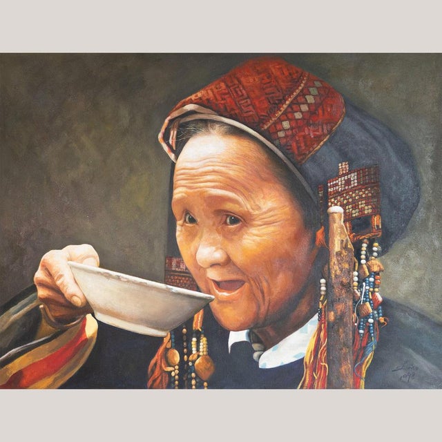 Portrait of a Tribal Woman Drinking Tea, Oil on Canvas For Sale - Image 6 of 6