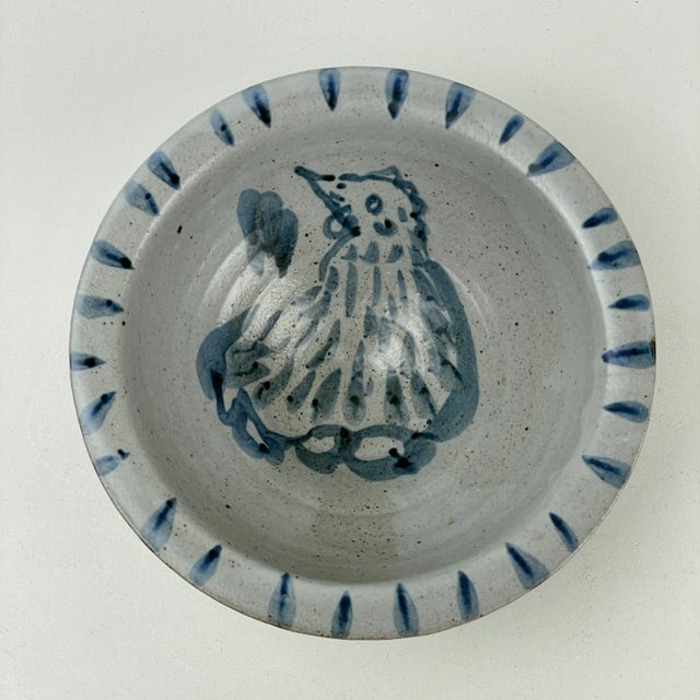 Folk Art 1990s Blue Round Decorative Ceramic Bowl With Bird Illustration For Sale - Image 3 of 5