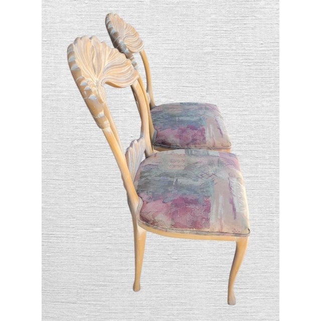 Phyllis Morris Style Vintage Lime Wash Lotus Ginkgo Flower Wood Carved Dining Room Chairs- A Pair For Sale In West Palm - Image 6 of 8