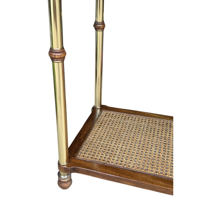 Vintage Hollywood Regency Faux Bamboo Brass Console Table With Cane Shelf & Double Glass Top | Chinoiserie Campaign Entry Table For Sale - Image 10 of 12