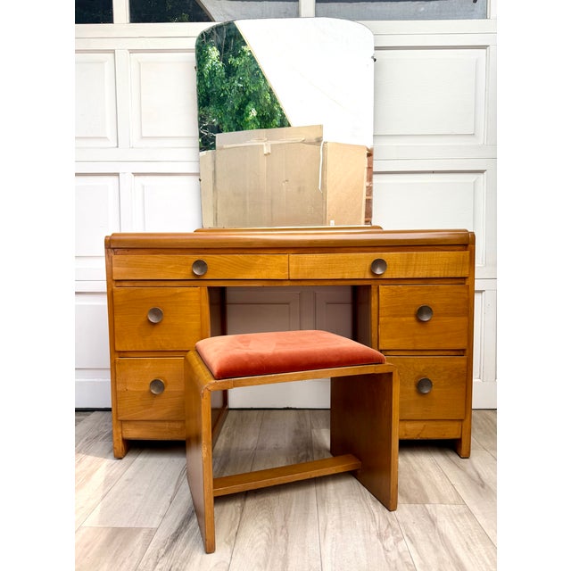 1940s John Stuart Blonde Wood 3-Piece Vanity, Mirror & Bentwood Stool For Sale - Image 18 of 18