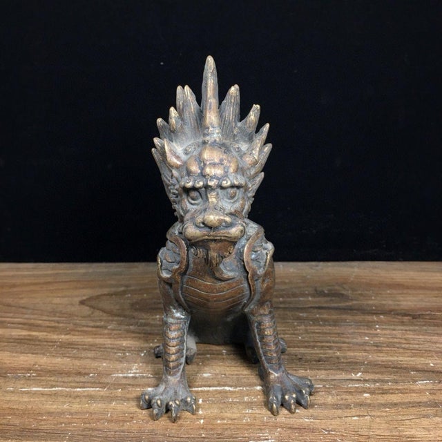 Metal Bronze Qilin Statue - Chinese Mythical Beast Sculpture With Flame Mane For Sale - Image 7 of 9