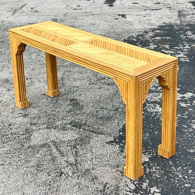 Late 20th Century Vintage Coastal Pretzel Rattan Chevron Ming Console Table For Sale - Image 11 of 11
